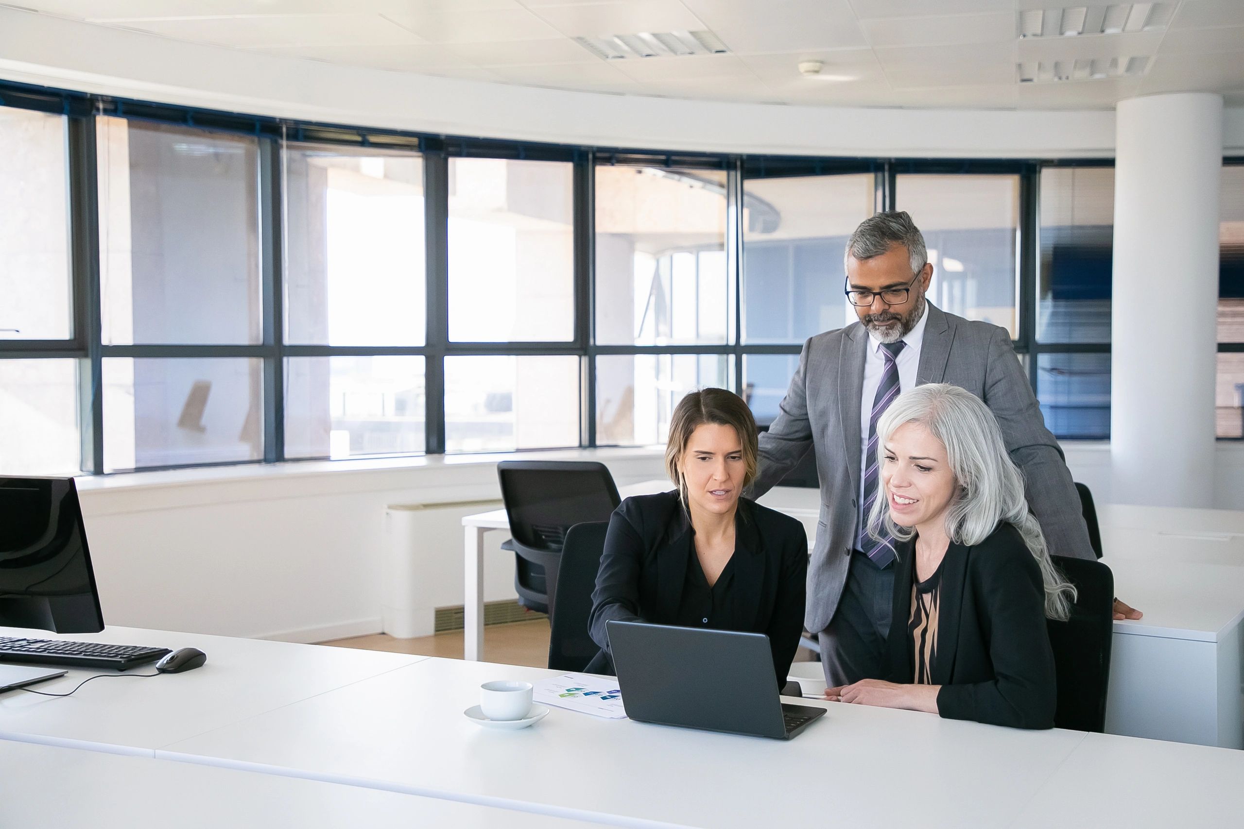 Business team reviewing software options on a monitor